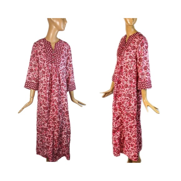 Dresses & Skirts - Danville cotton floral block print pink red vintage 1970s maxi dress kaftan